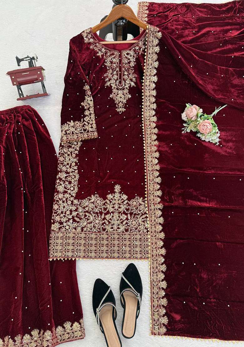 Maroon Sequence Velvet Salwar Suit - Indya