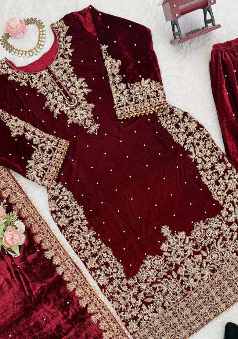 Maroon Sequence Velvet Salwar Suit - Indya