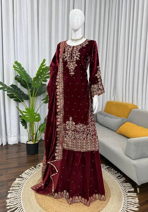Maroon Sequence Velvet Salwar Suit