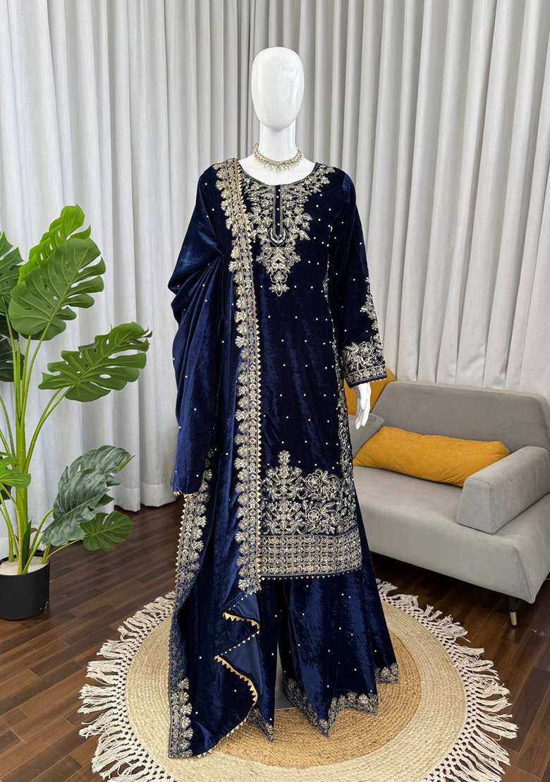 Navy Blue Sequence Velvet Salwar Suit - Indya