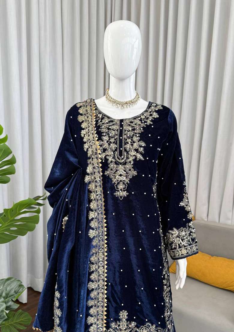 Navy Blue Sequence Velvet Salwar Suit - Indya