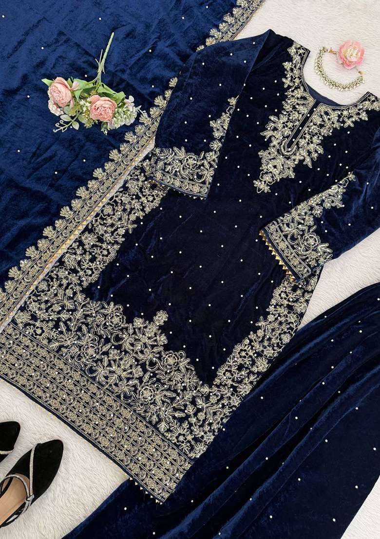 Navy Blue Sequence Velvet Salwar Suit - Indya