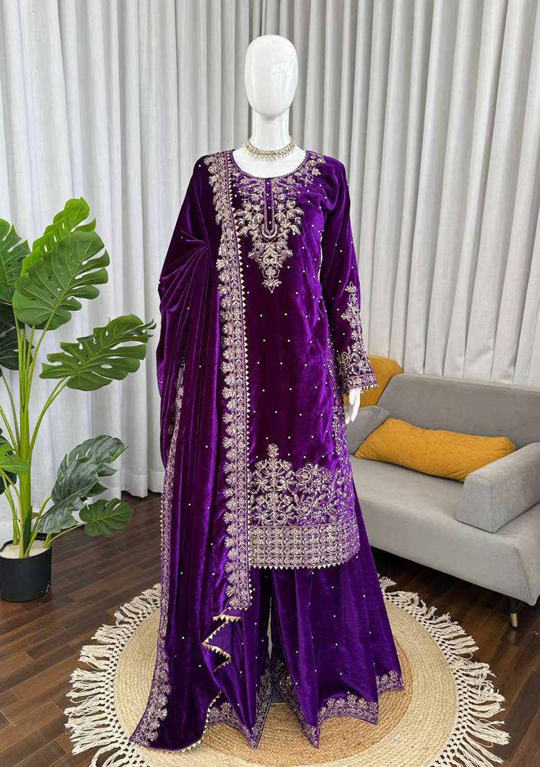 Purple Sequence Velvet Salwar Suit - Indya