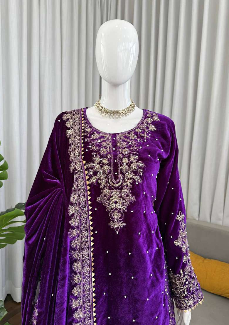 Purple Sequence Velvet Salwar Suit - Indya