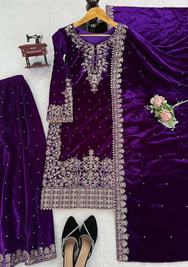 Purple Sequence Velvet Salwar Suit - Indya