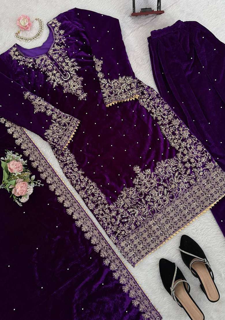 Purple Sequence Velvet Salwar Suit - Indya
