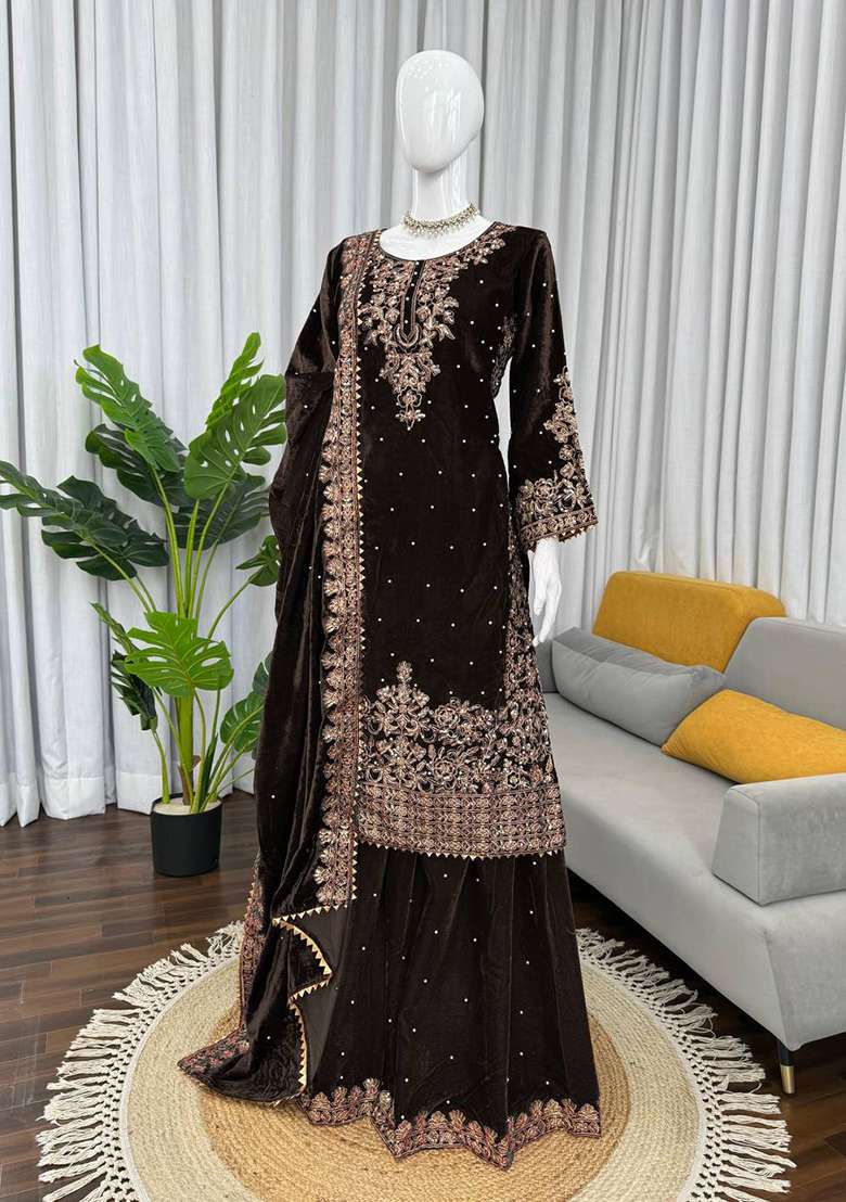 Wine Sequence Velvet Salwar Suit - Indya