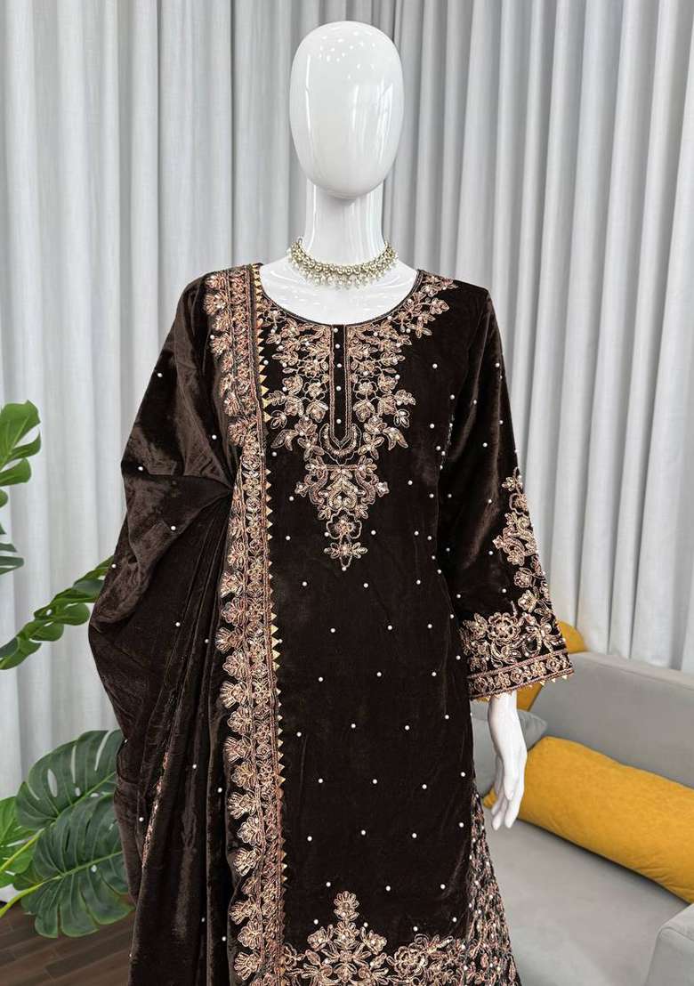 Wine Sequence Velvet Salwar Suit - Indya