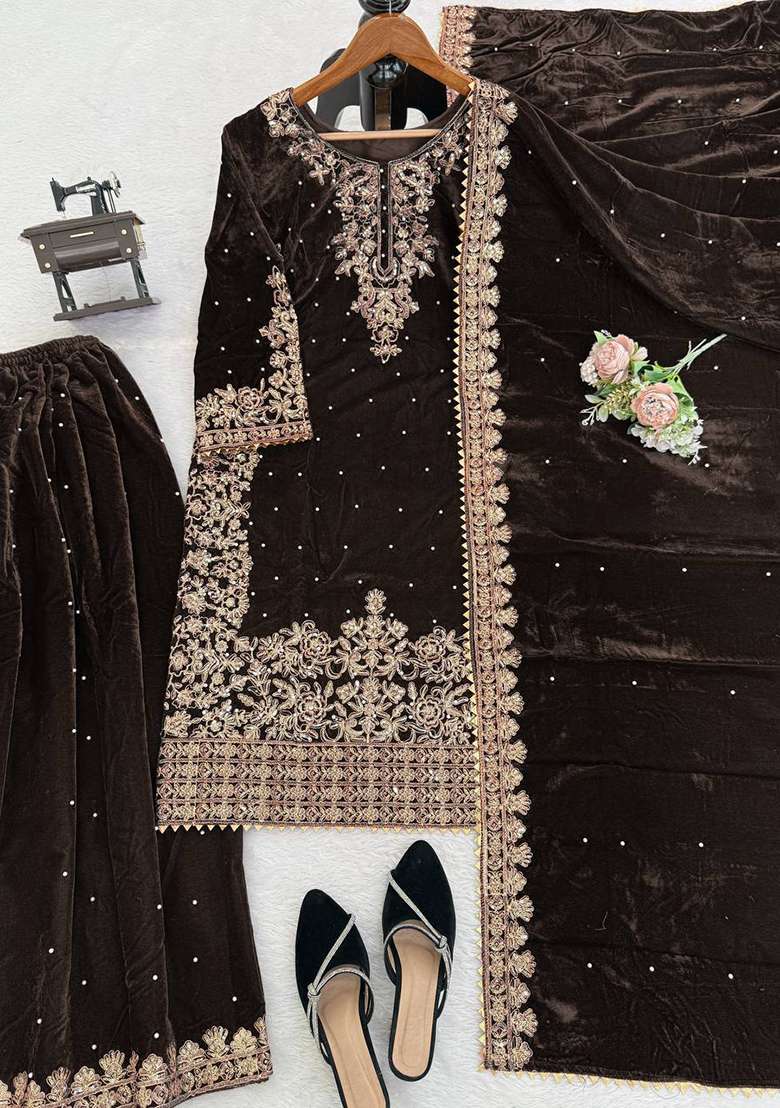 Wine Sequence Velvet Salwar Suit - Indya