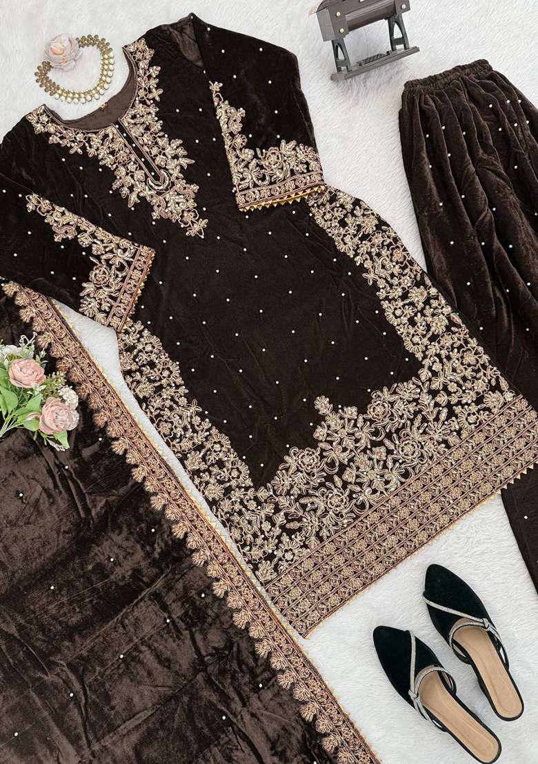 Wine Sequence Velvet Salwar Suit - Indya