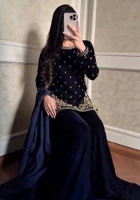 Navy Blue Sequence Velvet Salwar Suit