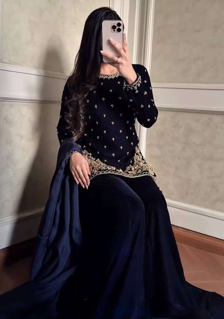 Navy Blue Sequence Velvet Salwar Suit - Indya