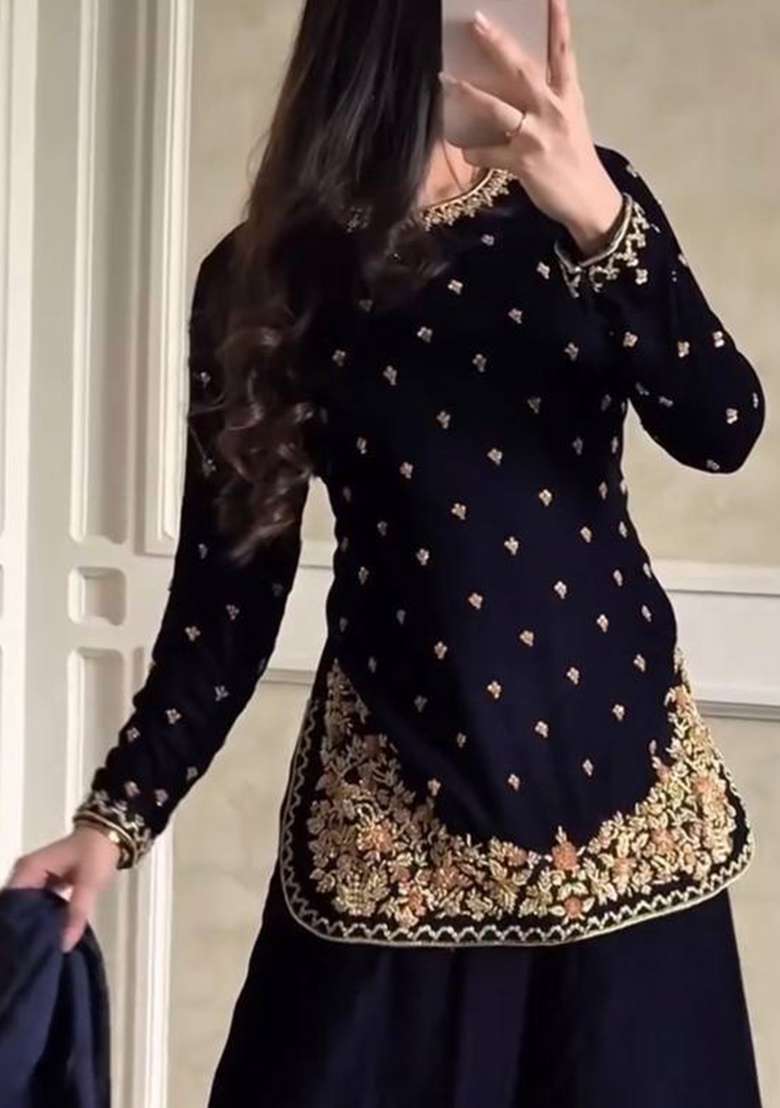 Navy Blue Sequence Velvet Salwar Suit - Indya