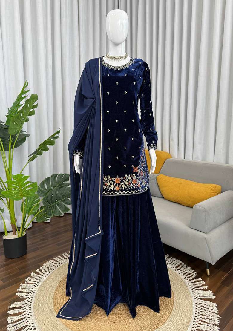 Navy Blue Sequence Velvet Salwar Suit - Indya
