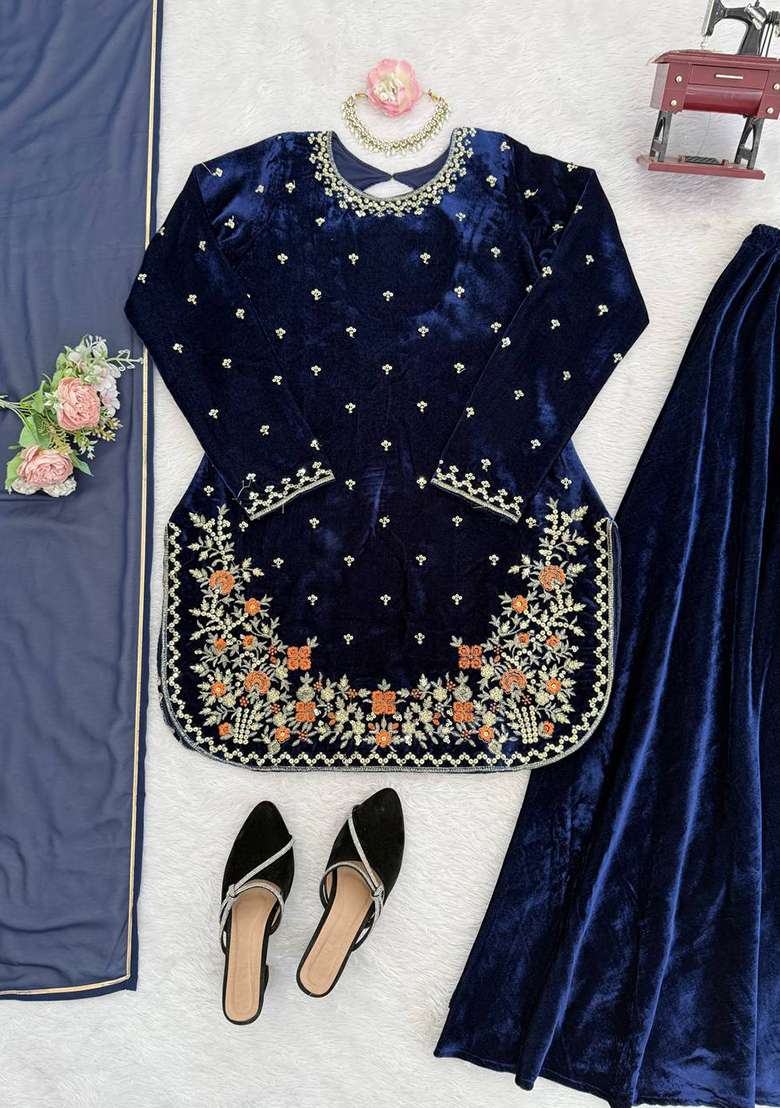 Navy Blue Sequence Velvet Salwar Suit - Indya