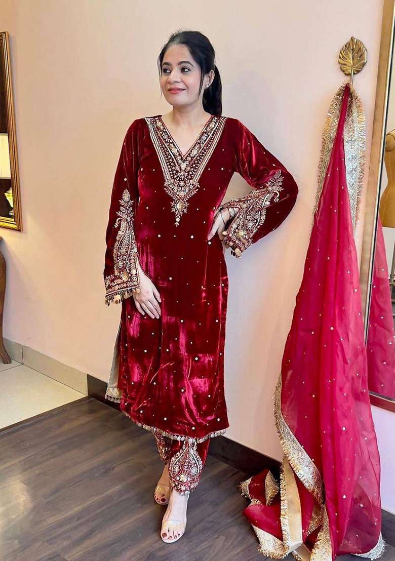 Maroon Sequence Velvet Salwar Suit - Indya