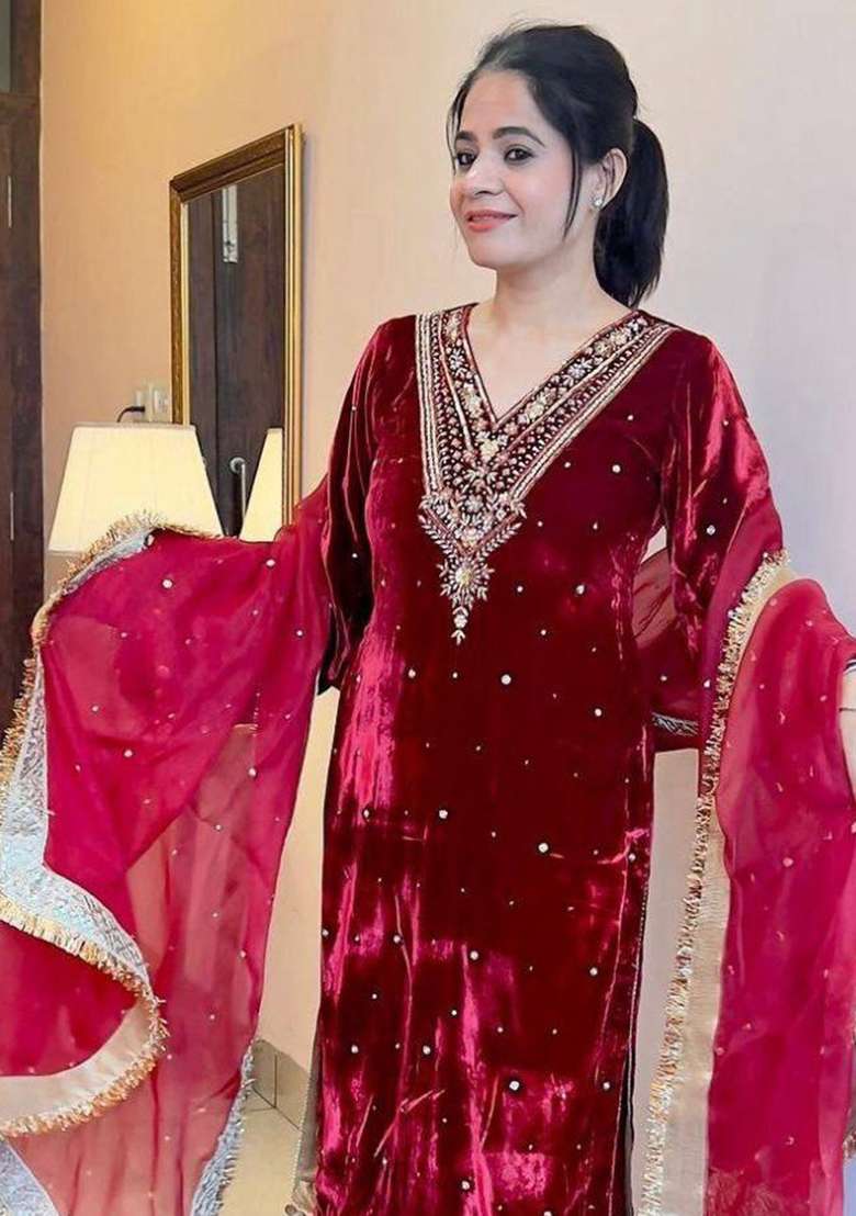 Maroon Sequence Velvet Salwar Suit - Indya
