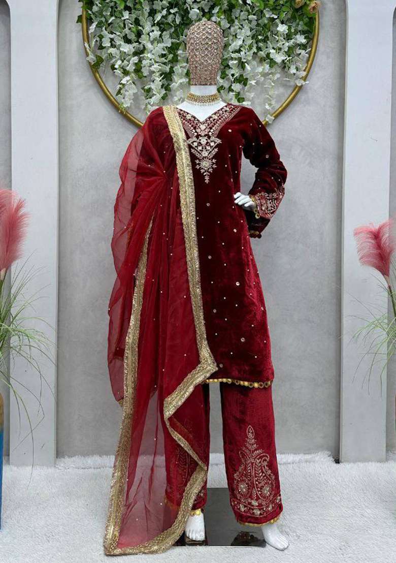Maroon Sequence Velvet Salwar Suit - Indya