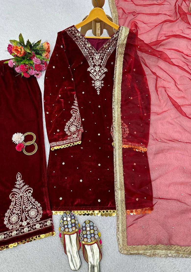 Maroon Sequence Velvet Salwar Suit - Indya