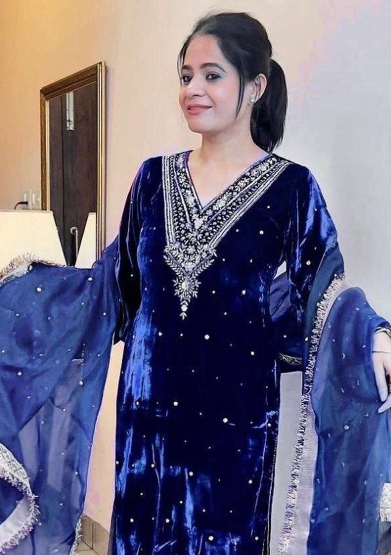 Navy Blue Sequence Velvet Salwar Suit - Indya
