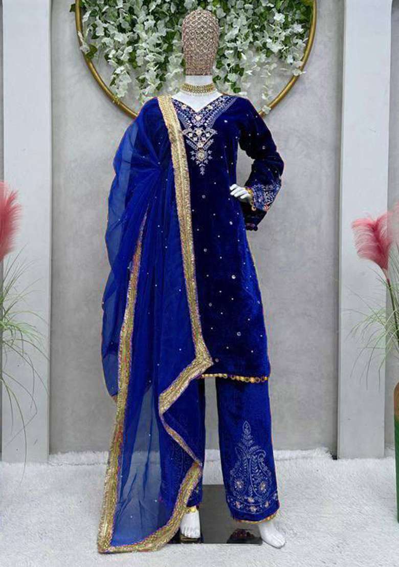 Navy Blue Sequence Velvet Salwar Suit - Indya