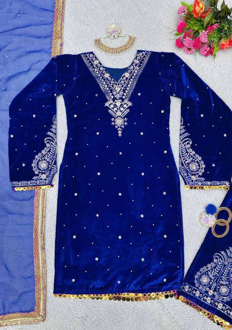 Navy Blue Sequence Velvet Salwar Suit - Indya