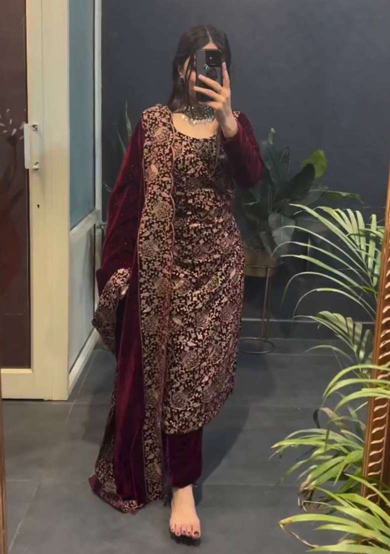 Maroon Chain Stitch Work Velvet Salwar Suit - Indya