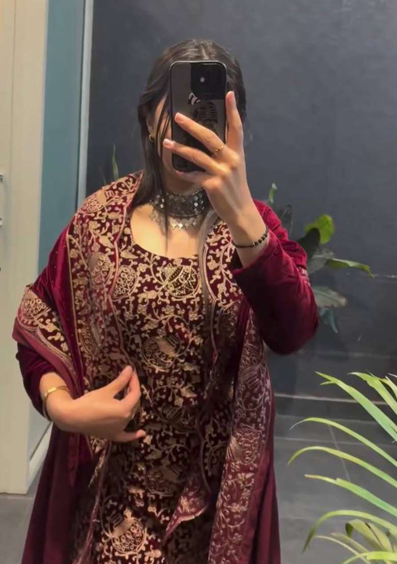 Maroon Chain Stitch Work Velvet Salwar Suit - Indya