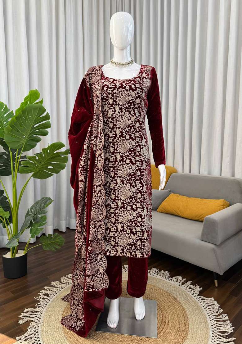 Maroon Chain Stitch Work Velvet Salwar Suit - Indya