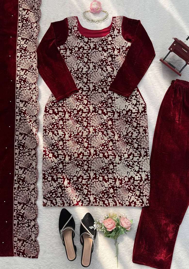 Maroon Chain Stitch Work Velvet Salwar Suit - Indya