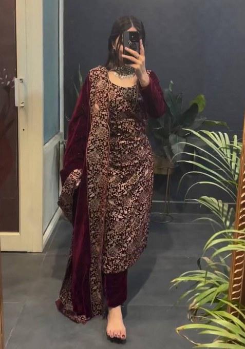 Maroon Chain Stitch Work Velvet Salwar Suit