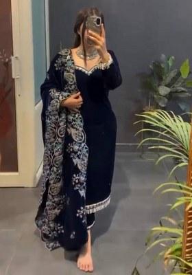 Navy Blue Sequence Velvet Salwar Suit
