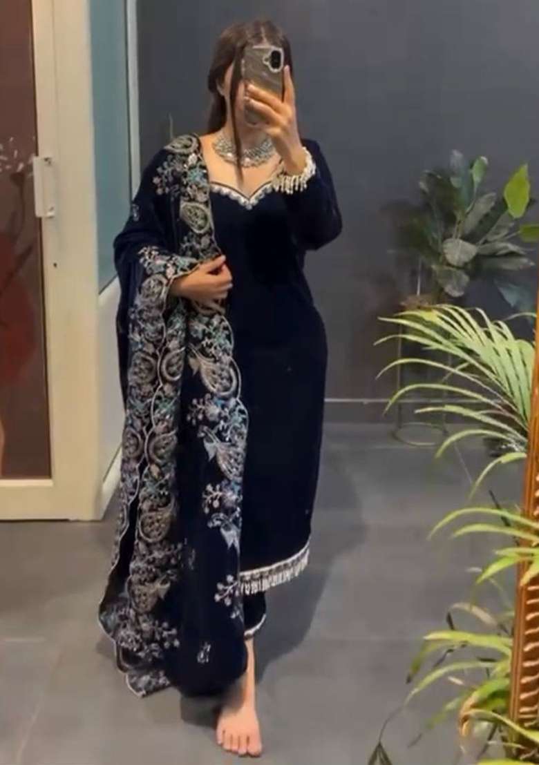 Navy Blue Sequence Velvet Salwar Suit - Indya