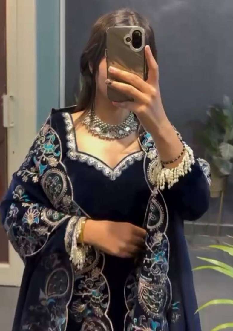 Navy Blue Sequence Velvet Salwar Suit - Indya