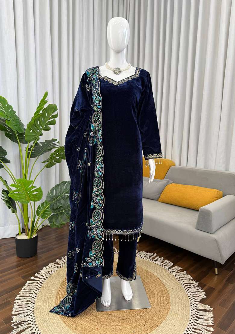 Navy Blue Sequence Velvet Salwar Suit - Indya