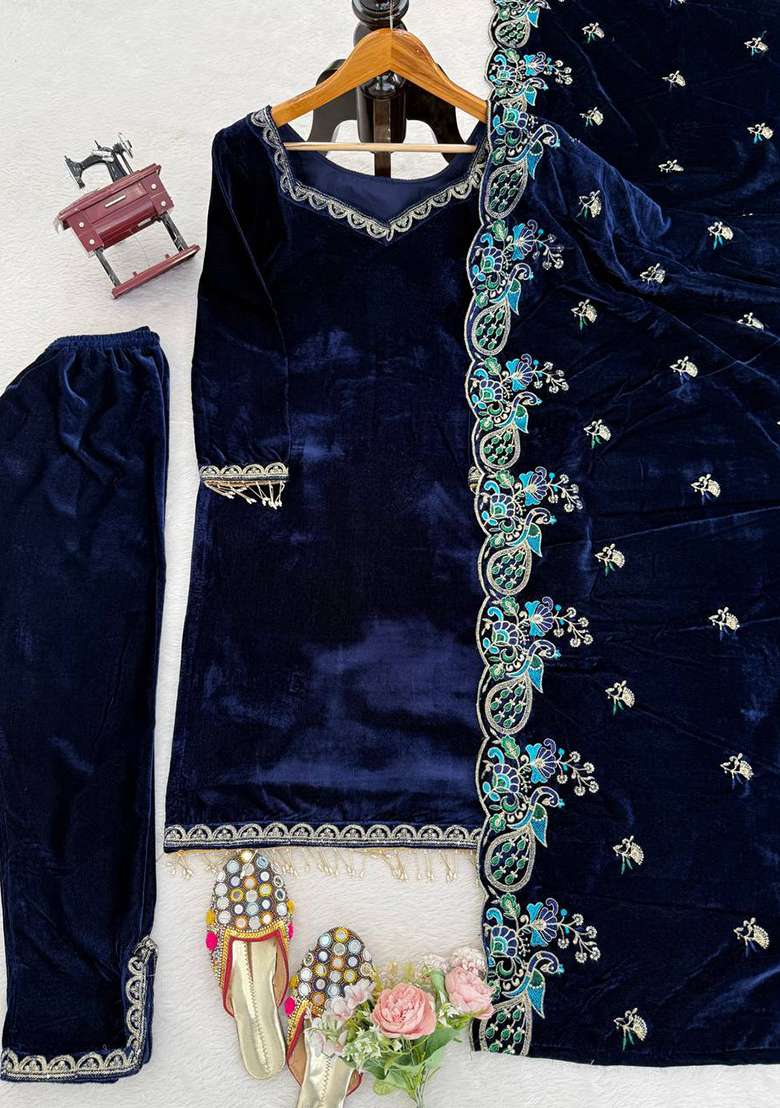 Navy Blue Sequence Velvet Salwar Suit - Indya