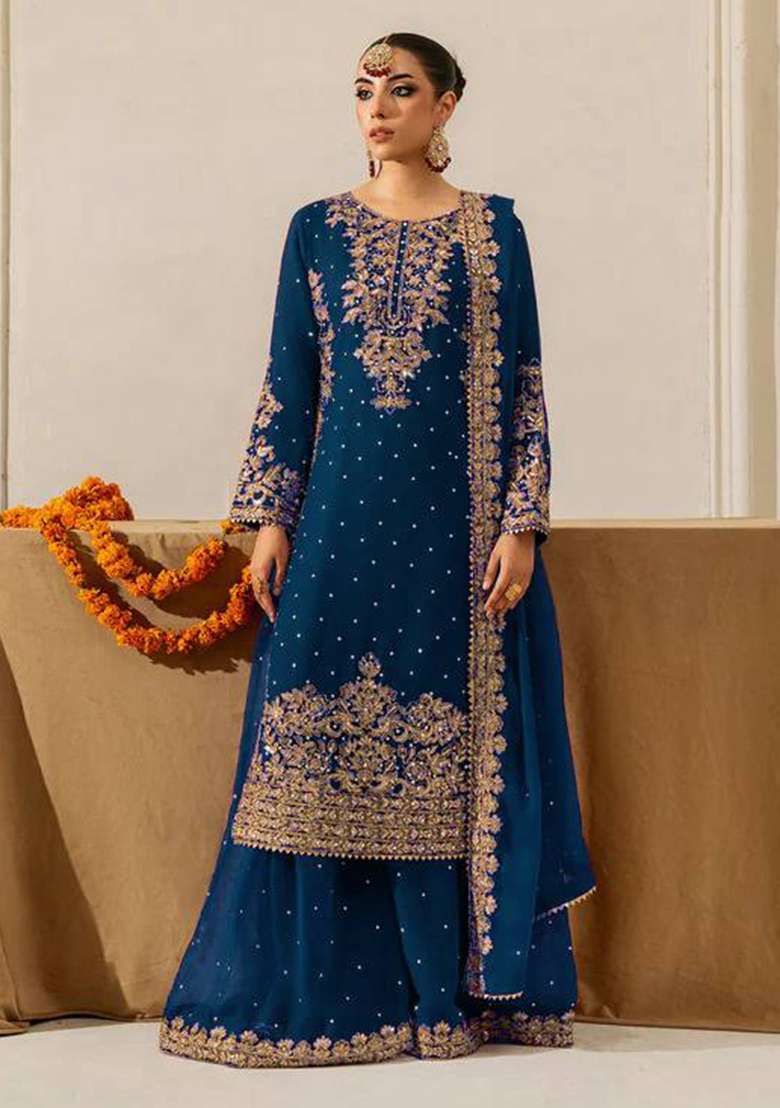 Teal Sequence Georgette Kurta Set - Indya