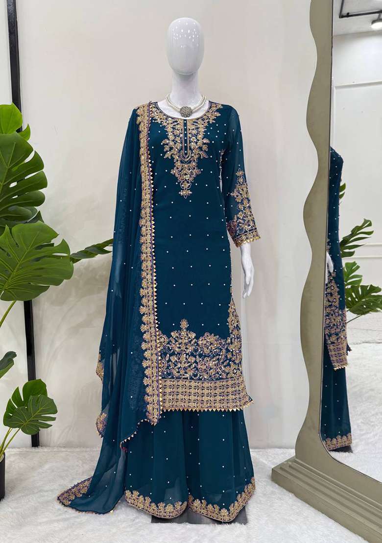 Teal Sequence Georgette Kurta Set - Indya