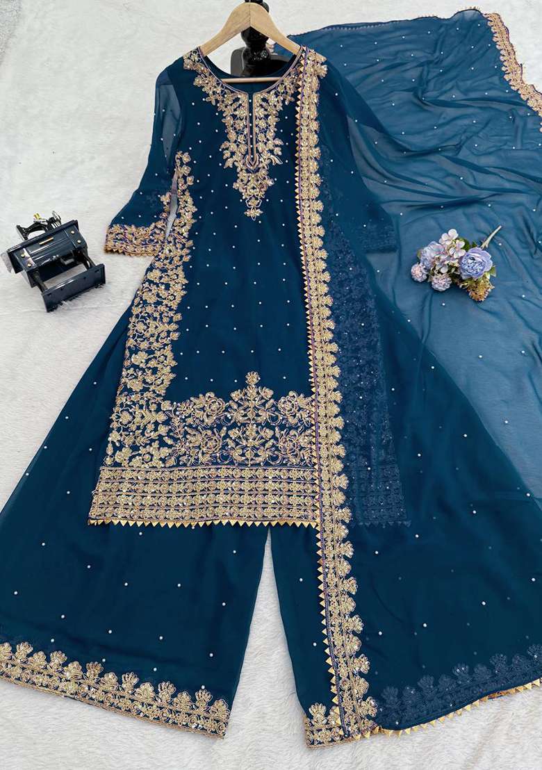 Teal Sequence Georgette Kurta Set - Indya