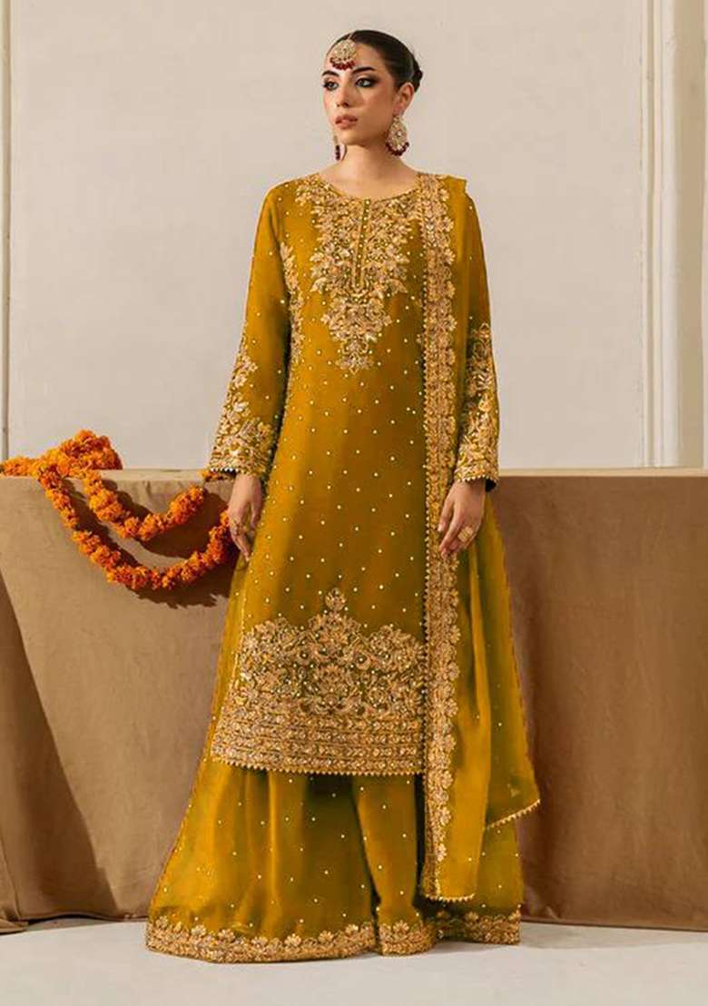 Yellow Sequence Georgette Kurta Set - Indya