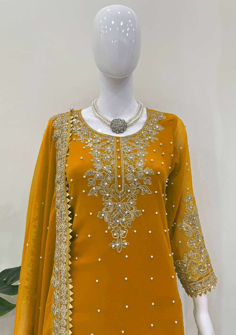 Yellow Sequence Georgette Kurta Set - Indya