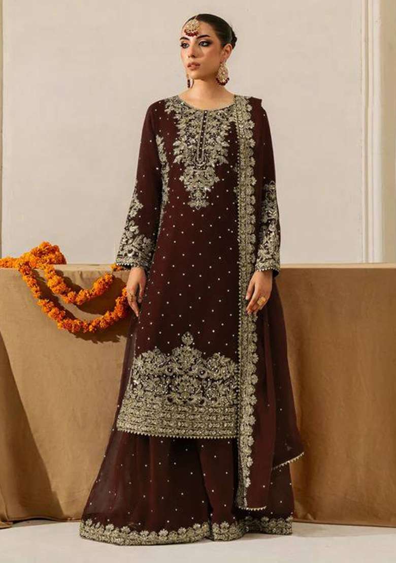 Dark Brown Sequence Georgette Kurta Set - Indya