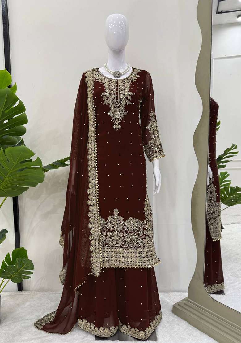 Dark Brown Sequence Georgette Kurta Set - Indya