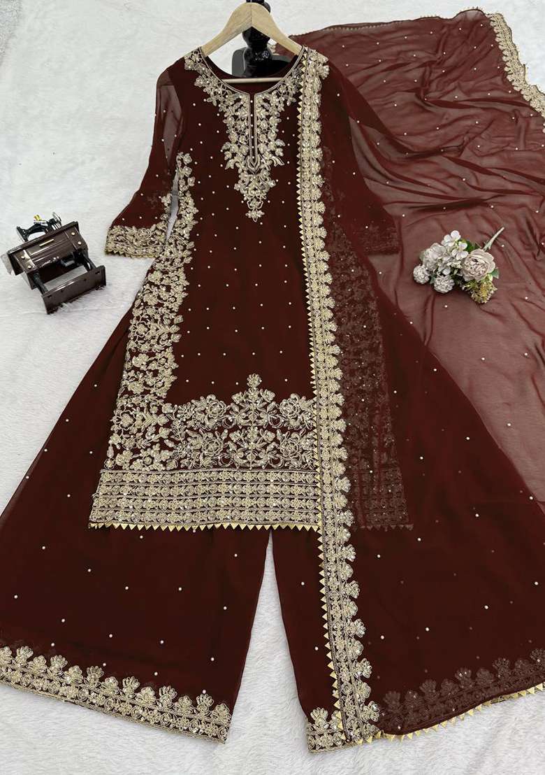 Dark Brown Sequence Georgette Kurta Set - Indya