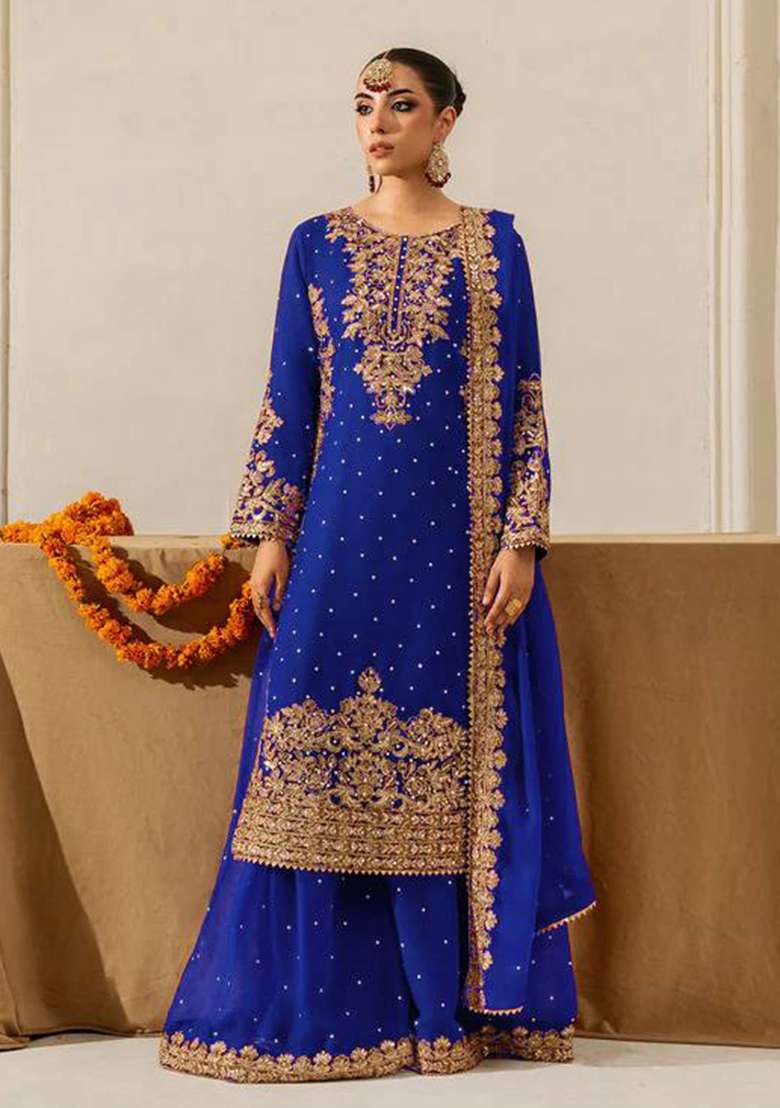 Royal Blue Sequence Georgette Kurta Set - Indya