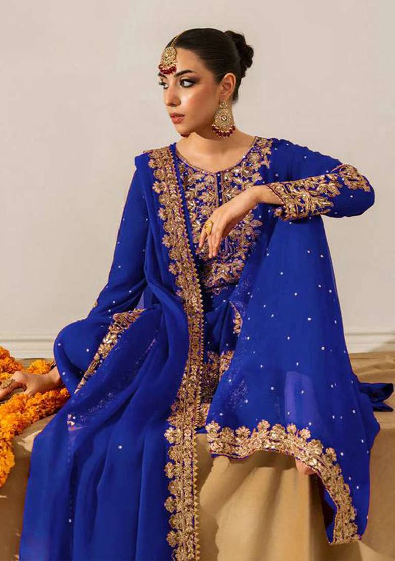 Royal Blue Sequence Georgette Kurta Set - Indya