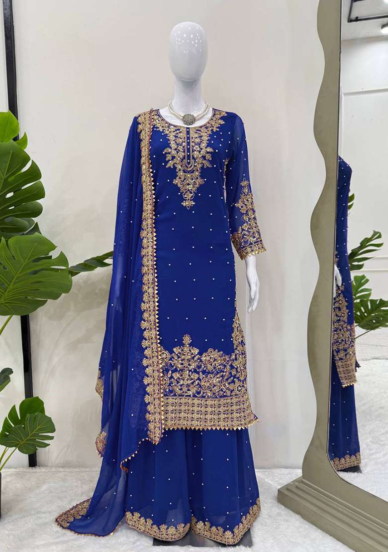Royal Blue Sequence Georgette Kurta Set - Indya