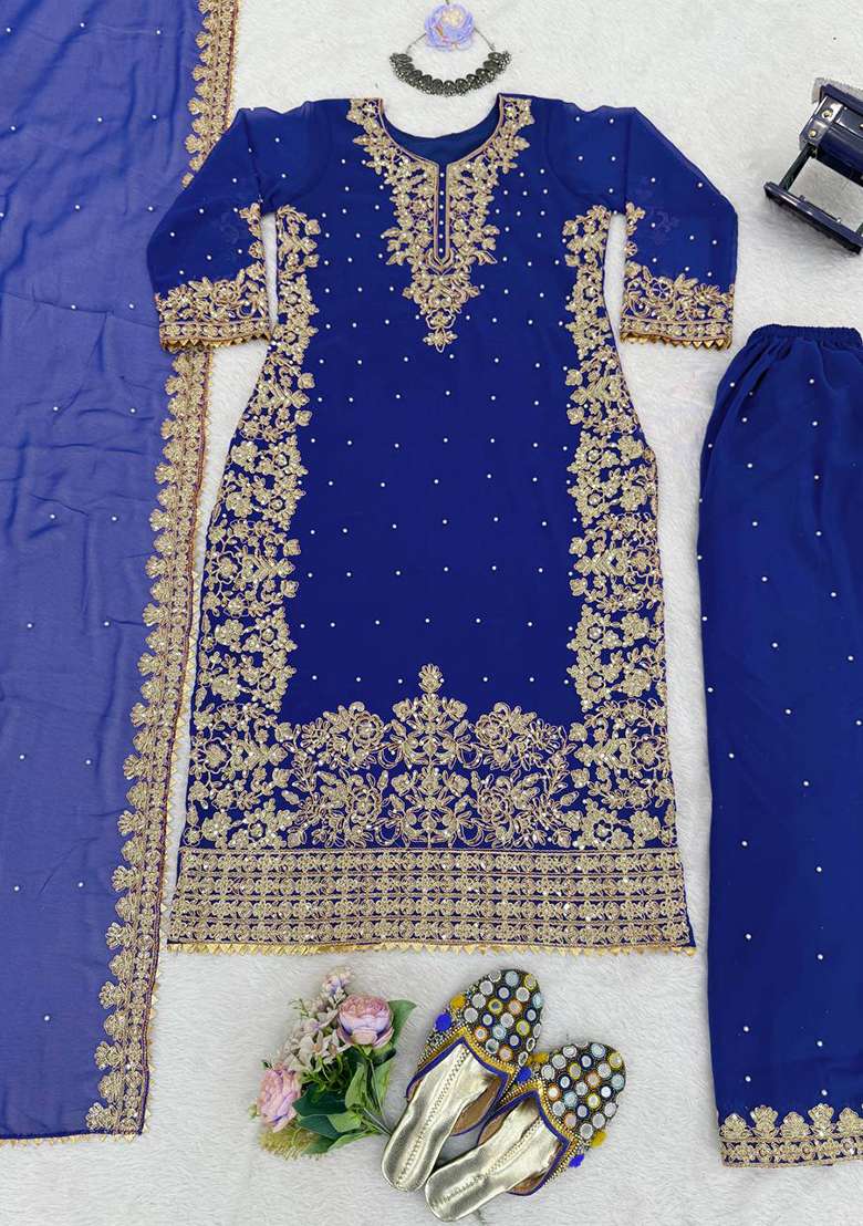 Royal Blue Sequence Georgette Kurta Set - Indya