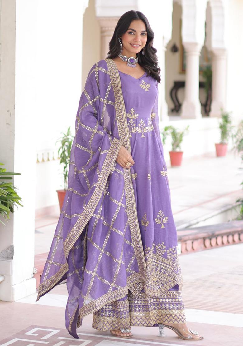 Lavender Embroidery Crunchy Kurta Set - Indya