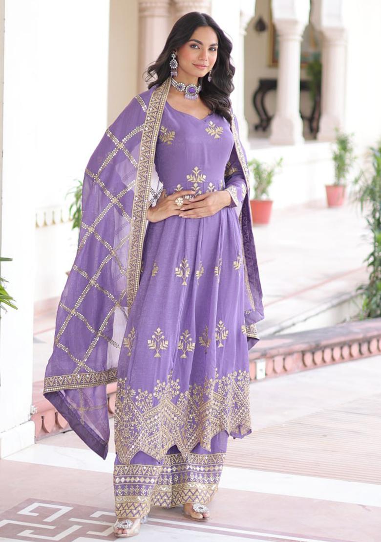 Lavender Embroidery Crunchy Kurta Set - Indya